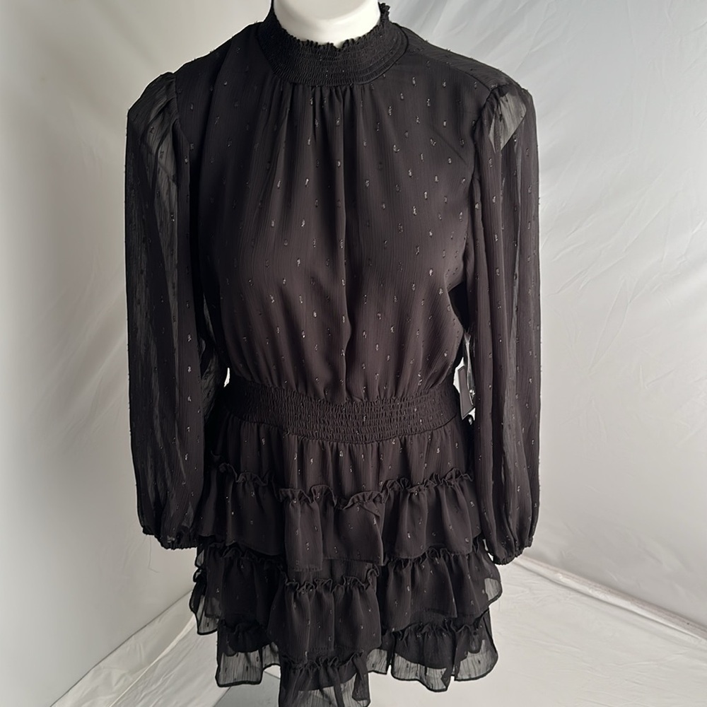 1.State black metallic dot smocked mock neck long sleeve ruffle mini dress